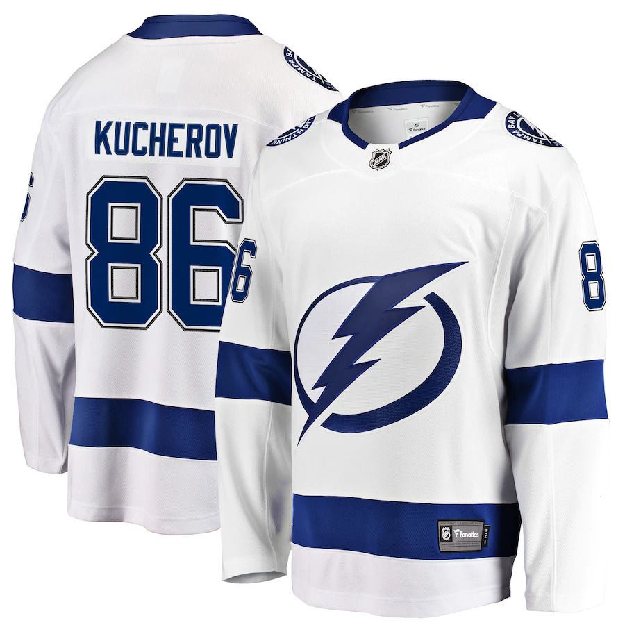 Men Tampa Bay Lightning #86 Nikita Kucherov Fanatics Branded White Away Premier Breakaway Player NHL Jersey